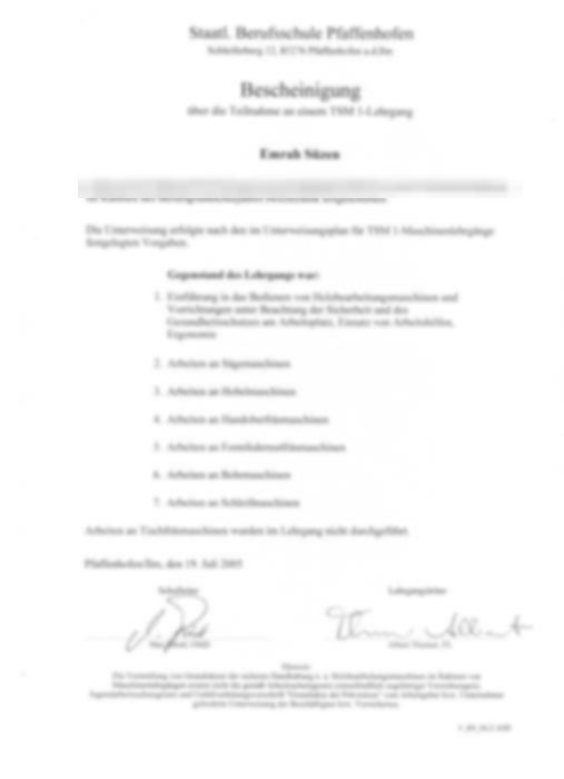 Bescheinigung Maschinenlehrgang, Berufsschule Pfaffenhofen