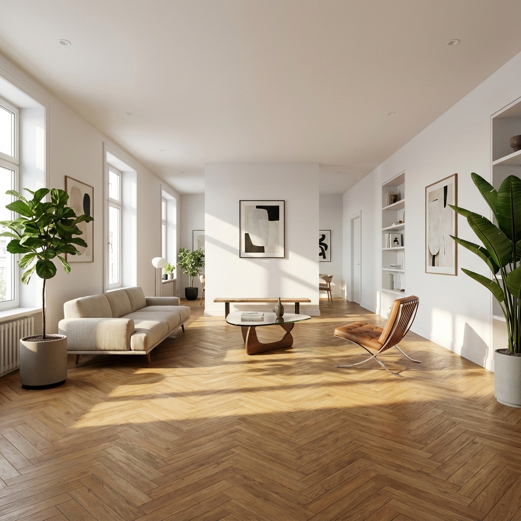 Schöner Parkettboden in modernem Wohnzimmer