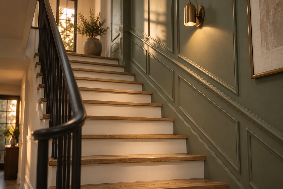 Treppe mit Eichenstufen und weißen Setzstufen